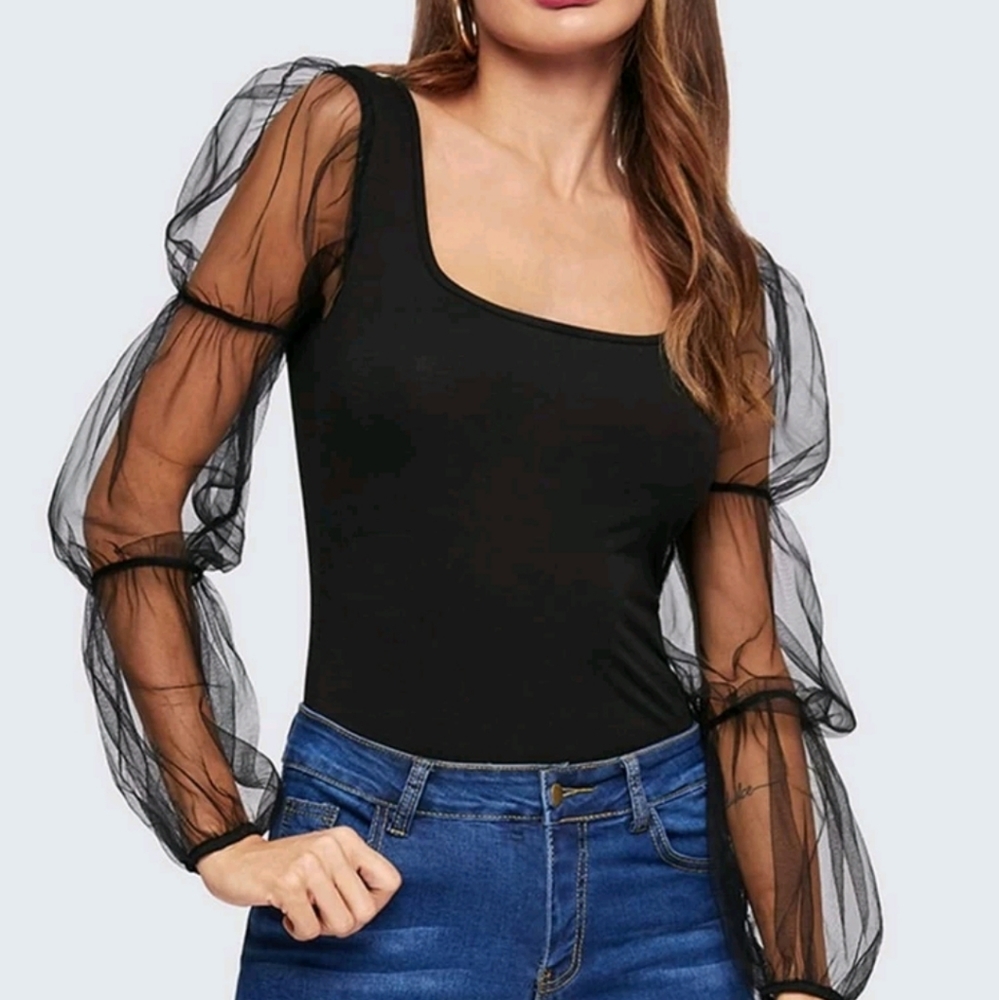 Black and sheer layered puff sleeve top Renaissanc